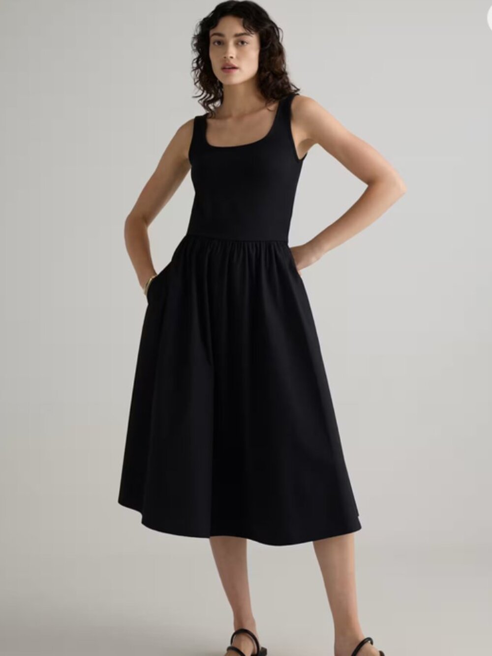 Quince Cotton Mixed Media Tank Dress Black Midi Pockets Size Small New With Tags